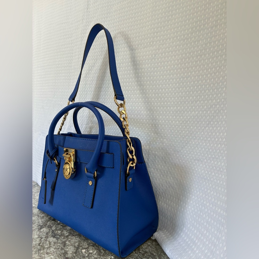 Michael Kors 3PC Blue Hamilton Satchel w/ Gold Accents, Wallet & MK Dust Bag EUC - Picture 5 of 12
